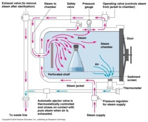 A diagram of a jacketed rectangular autoclave, illustrating the flow of steam for sterilization. Key components include the steam chamber, steam supply line, and steam jacket.